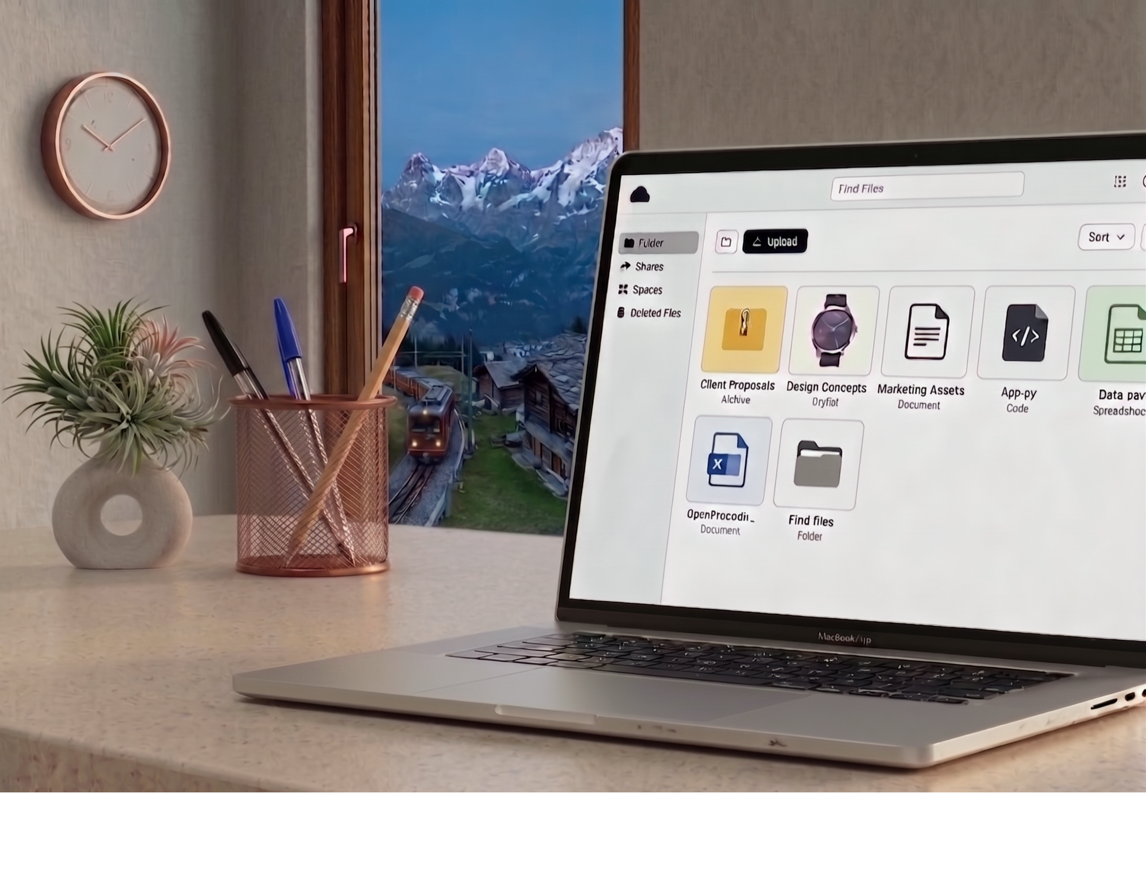 Minimalist private cloud storage interface showing file explorer and secure data management